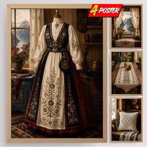 May include: A set of four posters featuring a traditional folk costume on a mannequin, a mountain landscape view through a window, a lace table runner on a wooden table, and a decorative throw pillow with intricate embroidery and floral patterns.