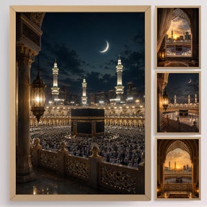 May include: A framed print set featuring the Kaaba in Mecca at night, with a crescent moon in the sky. The main image shows the Kaaba surrounded by a crowd, with minarets and lanterns. Additional smaller prints show similar scenes.