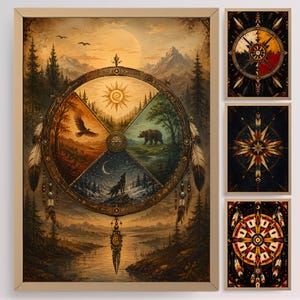 May include: Framed artwork with a dreamcatcher design. The central wheel is divided into four sections, each showing a different scene: sun, eagle, bear, and wolf. Additional framed art pieces with similar designs are also present. The colour palette includes warm earth tones.