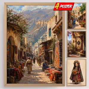 May include: A set of four posters featuring a large central image of a bustling Middle Eastern marketplace with stone buildings and mountains, alongside three smaller images showing a street market, a rug-adorned wall, and a girl in traditional attire.