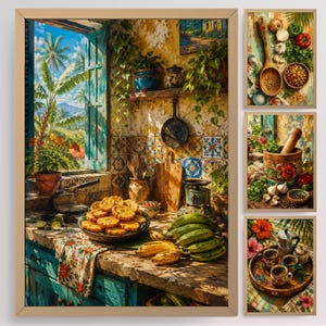 May include: A framed print set depicting a tropical kitchen scene. The main image shows a window with a view of palm trees, a counter with food, and a plate of golden-brown pastries. Additional smaller prints show food preparation.