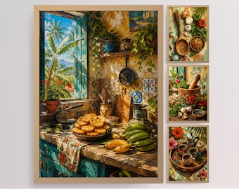 Decorazione murale per cucina portoricana, mestolo a forma di rana per coquí, decorazioni floreali per pilón, vassoio da caffè