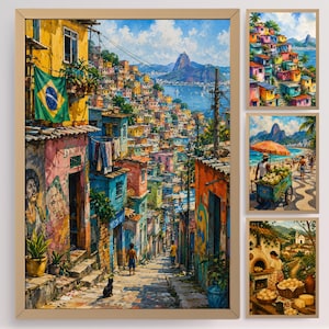May include: A set of framed art prints depicting colorful scenes of a Brazilian favela, a beach with vendors, and a rustic kitchen. The main print shows a vibrant street scene with a Brazilian flag and a view of a mountain and the ocean.