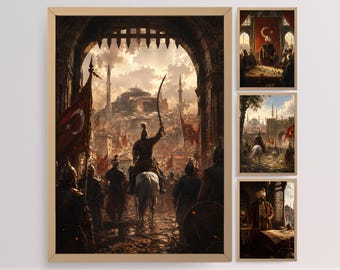 Può includere: Un set di stampe artistiche incorniciate raffiguranti scene storiche. La stampa principale mostra una scena di battaglia con soldati, bandiere e una città sullo sfondo. Stampe aggiuntive mostrano figure e ambientazioni storiche simili.
