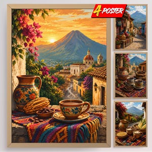 May include: A set of four posters featuring vibrant landscape illustrations of a mountain town at sunset. Each scene includes a coffee cup, a ceramic pitcher, and a colorful woven textile. The text 4 POSTER is visible in the top right corner.