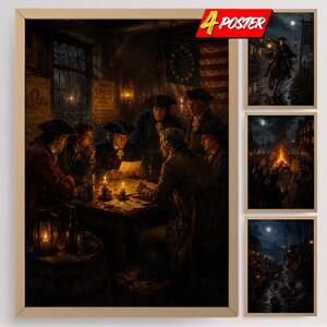 May include: A set of four posters featuring historical scenes from the American Revolutionary era, including a group of men gathered around a candlelit table, a rider on horseback at night, a large bonfire gathering, and ships in a harbour at night.