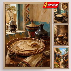 Stampe artistiche da parete per la cucina somala: mercato tradizionale africano, illustrazione di decorazione culinaria, vassoio, padella Canjeero