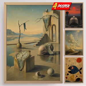 May include: A set of four framed posters featuring surrealist art. The largest print displays melting clocks in a desert landscape with architectural ruins. The three smaller prints show a sunset dinner scene, birds in flight, and a stylized blue fish.