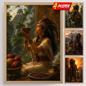 Op de afbeelding: Een set van vier posters met gedetailleerde illustraties van oude Meso-Amerikaanse figuren en landschappen. De hoofdposter toont een persoon in traditionele kleding die een dampende kom vasthoudt, met cacaopeulen en een stenen tempel.