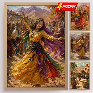 May include: A set of four posters featuring oil-style paintings of a person dancing in a yellow dress with a purple veil, surrounded by a crowd in a mountainous landscape. The text 4 POSTER is visible in the top right corner of the main image.