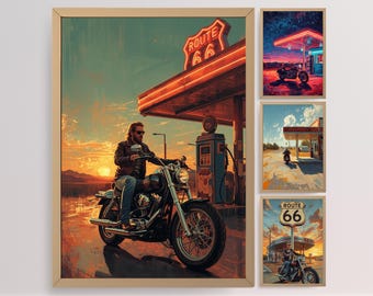 Route 66 Motorcycle Freedom Poster Retro American Gas Station Wall Art Print 4 Piece