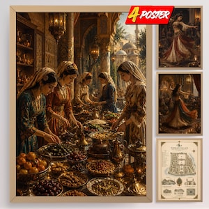 Ottoman Palace Art Prints: Harem Belly Dancer, Topkapi Blueprint Collection, Inspired Historical Cultural Decors