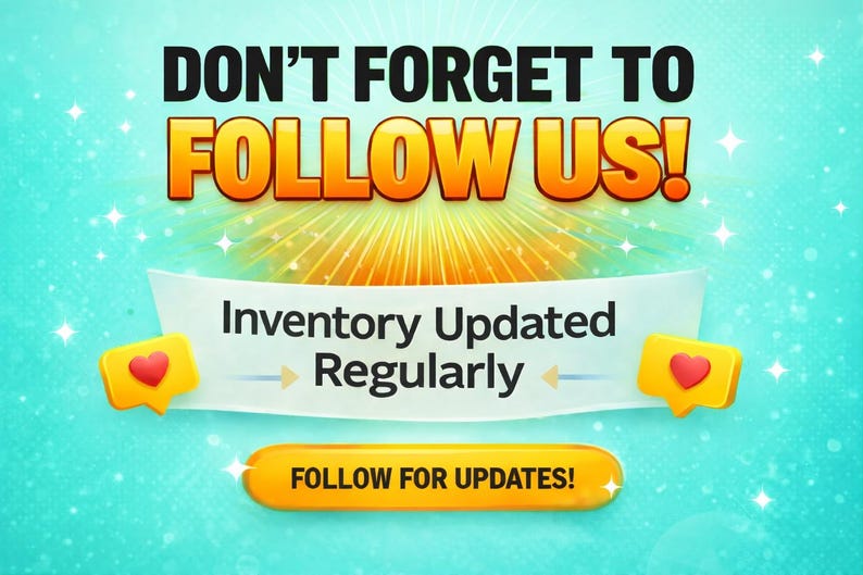 Promotional visual encouraging connection with phrases like follow us and regularly updated inventory. The image highlights a growing collection of dark atmospheric artworks and invites viewers to stay updated with new releases and designs.