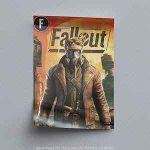 Retro-inspired collectible trading card mockup featuring a rugged survivor wearing a gas mask and weathered leather jacket against a ruined futuristic city backdrop. Vintage comic-style design with distressed textures and bold post-apocalyptic atmosphere, presented as a printable digital card for collectors, gaming rooms and sci-fi decor. High-resolution downloadable artwork inspired by classic retro adventure themes without referencing copyrighted titles, characters or franchises.