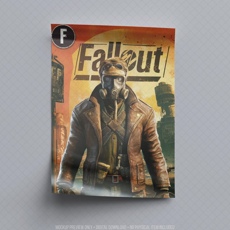 Retro-inspired collectible trading card mockup featuring a rugged survivor wearing a gas mask and weathered leather jacket against a ruined futuristic city backdrop. Vintage comic-style design with distressed textures and bold post-apocalyptic atmosphere, presented as a printable digital card for collectors, gaming rooms and sci-fi decor. High-resolution downloadable artwork inspired by classic retro adventure themes without referencing copyrighted titles, characters or franchises.
