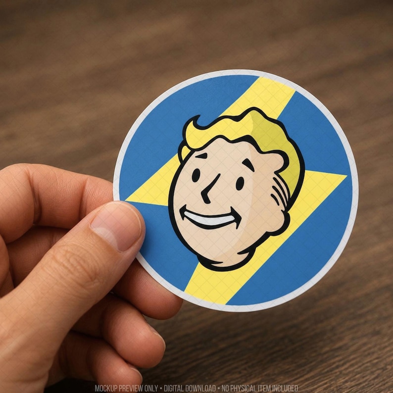 Close-up mockup of a round retro-inspired gaming sticker held in hand to showcase print quality and color detail. The design features a smiling cartoon mascot against a bold blue circle with a yellow star, highlighting clean outlines and classic comic styling. Ideal for gaming graphics enthusiasts, retro gaming sticker collections, laptops, notebooks, water bottles and post-apocalyptic or sci fi themed accessories without referencing any copyrighted character or franchise.