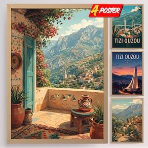 Peut inclure: Un ensemble de quatre affiches illustrant Tizi Ouzou, en Algérie. L'image principale montre un balcon avec des pots en terre cuite, un tabouret en bois et une vue sur les montagnes. Trois affiches plus petites présentent des vues de la ville.