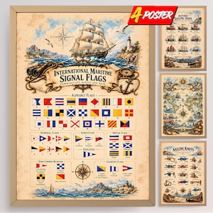 May include: A set of four framed posters featuring maritime themes. The main poster displays International Maritime Signal Flags, a sailing ship, a compass rose, and a lighthouse. Additional posters show historic sailing ships, an ocean map, and sailing knots.