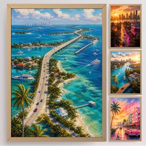 Sunset Coast Map Poster Inspired By Miami Style Fictional City Gaming Wall Art Design