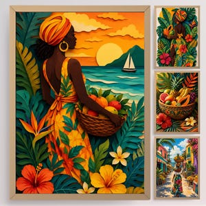 May include: A set of four framed art prints. The main print features a woman in a yellow dress carrying a basket of fruit, set against a tropical beach scene. Additional prints depict tropical fruit and a woman in a tropical setting.