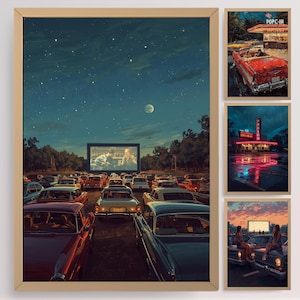 May include: Framed art prints showcasing a vintage drive-in cinema scene under a starry night sky. Additional prints depict a classic car at a diner, a neon-lit restaurant, and two people on a car hood at sunset.