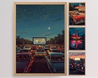 Póster de autocine, impresión artística retro americana, escena nocturna de coches clásicos, decoración de pared para 4 personas