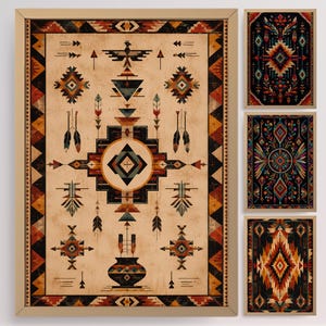 May include: A set of framed art prints featuring Native American-inspired designs. The large print has a central geometric pattern with arrows, feathers, and a vase. The smaller prints showcase similar motifs in various color schemes, including black, red, and orange.