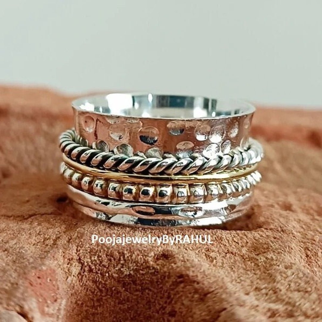 Three Tone Spinner Ring, 925 Sterling Silver, Hammered Rings for Women