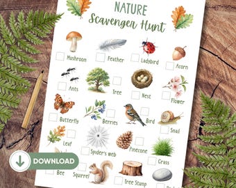 May include: A printable nature scavenger hunt checklist with illustrations of a mushroom, feather, ladybug, acorn, ants, tree, nest, flower, butterfly, berries, bird, snail, leaf, spider's web, pinecone, grass, bee, squirrel, tree stump, and rock.