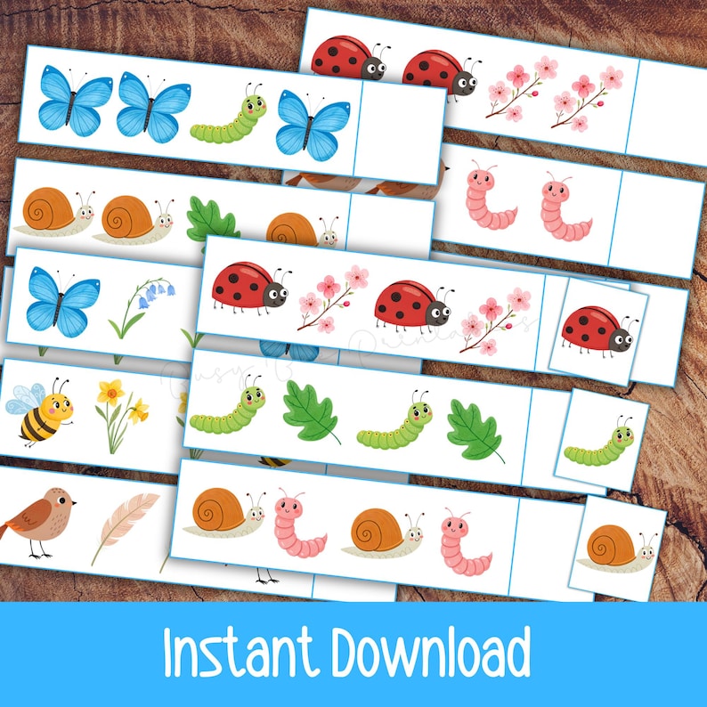 May include: Illustrated cards with images of insects, flowers, and animals. The cards show butterflies, ladybirds, snails, bees, and worms. The text "Instant Download" is visible on a blue background.