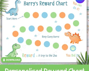 May include: A personalised reward chart with a dinosaur theme. The chart features colourful circles for tracking progress, dinosaur illustrations, and the text "Harry's Reward Chart". Includes the text "Reward - A trip to the Zoo".