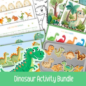 May include: A collection of colorful dinosaur-themed activity sheets and puzzles. Includes tracing, matching, and sorting activities. The text "Dinosaur Activity Bundle" is at the bottom of the image.