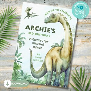 Dinosaur Birthday Invitation, Editable Dinosaur Birthday Party Invitation Template, Printable Dino Invitation, Dinosaur Thank You Tag
