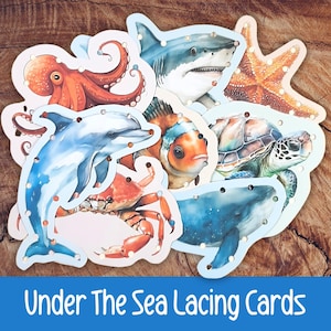 Tarjetas de encaje bajo el mar, actividad imprimible de animales marinos para niños pequeños y preescolares, habilidades motoras finas, juego de 8 tarjetas