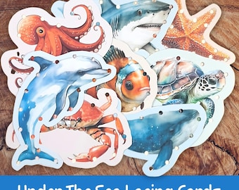 Under The Sea Lacing Cards, Sea Animal Printable Activity for Toddlers & Preschoolers, Fine Motor Skills, Set of 8 Cards