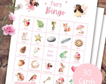 Fee Bingo, Fee Party Spiel, Fee Geburtstagsspiele, Printable Feenparty Aktivität, 30 Karten