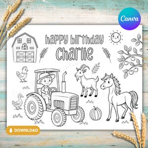 Personalised Farm Animal Colouring Page – Kids Birthday Party Placemat, Printable Farm Activity, Instant Download