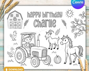 Farm Birthday Colouring Page,  Farm Animal Party Placemat, Personalised Placemat, Canva Template