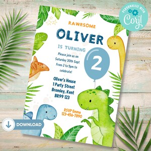 Editable Dinosaur Birthday Invitation, Dinosaur Birthday Party Invitation Template, Printable Dinosaur Invite, Dinosaur Thank You Tag