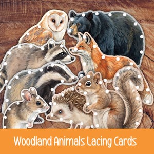 Puede incluir: Un conjunto de tarjetas para cordones con animales del bosque: lechuza, oso negro, mapache, zorro, tejón, ratón, erizo y ardilla. Cada figura tiene puntos blancos en los bordes y el texto Woodland Animals Lacing Cards en la parte inferior.