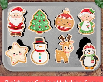May include: A tray of Christmas-themed cookies, including Santa Claus, a Christmas tree, an ornament, a gingerbread girl, a star, a snowman, a reindeer, and a penguin. The cookies are colorful and decorated with icing. Text at the bottom reads "Christmas Cookies Matching Game."