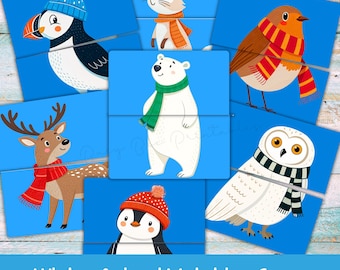 Dieren matchen, matchspel winter voor peuters en kleuters, thuisonderwijs, 12 kaarten