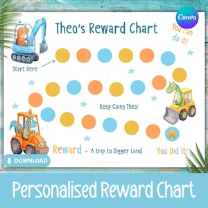 May include: A personalized reward chart with a construction theme. The chart features a blue, orange, and yellow color scheme, with illustrations of dinosaurs operating construction vehicles. Text includes "Theo's Reward Chart" and "Reward - A trip to Digger Land".