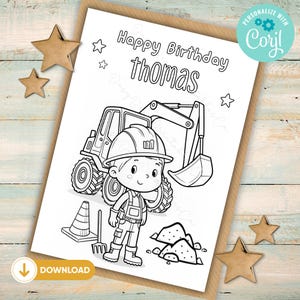 Digger Colouring Card, Personalised Construction Birthday Card, Printable Builder Colouring Card, Printable Birthday Card For Kids