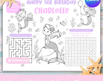 Personalised Mermaid Birthday Colouring Placemat, Mermaid Party Activity, Editable Canva Template