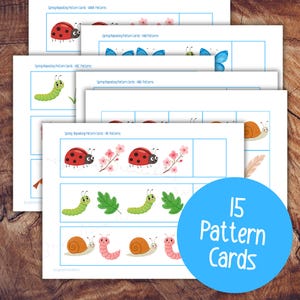 May include: A collection of 15 pattern cards with spring-themed illustrations. The cards display ladybirds, butterflies, caterpillars, snails, and flowers in repeating patterns. The cards have a white background with blue borders and text.
