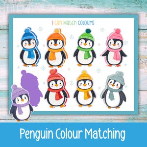 May include: A colour matching game featuring cartoon penguins wearing hats and scarves in various colours. The text "I can match colours" is at the top, and "Penguin Colour Matching" is at the bottom. The penguins are black, white, and yellow.