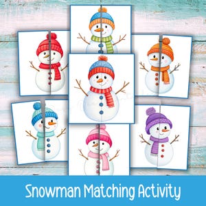 May include: A set of eight snowman matching activity cards. Each snowman is wearing a different colored hat and scarf. The text "Snowman Matching Activity" is displayed in a blue banner at the bottom of the image.