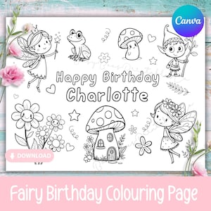 Op de afbeelding: Een zwart-wit kleurplaat met de tekst Happy Birthday Charlotte, omringd door lijntekeningen van twee feeën, een kikker, een paddenstoelhuis, een kleine paddenstoel, bloemen, sterren en hartjes, met een Canva-logo in de hoek.