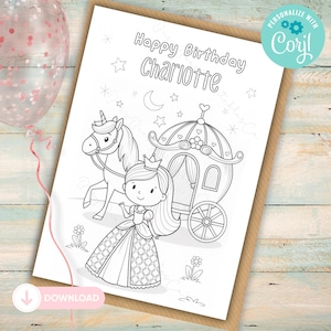Princess Birthday Colouring Card, Personalised Princess Colouring Card, Printable Birthday Card For Kids, Printable, Birthday Card For Girls